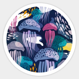 Bioluminescence geometric jellyfish // pnavy blue background pink violet blue and teal geo sea jellies Sticker